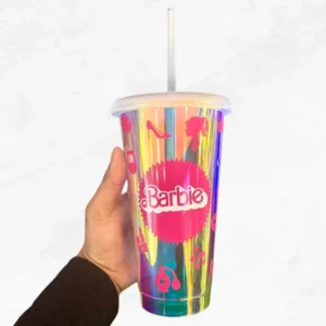 Barbie Cartoon Cup with Lid and Straw