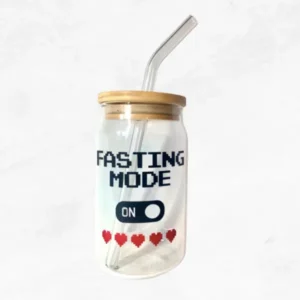 Fasting Mode On Glass Cup with Bamboo Lid and Straw