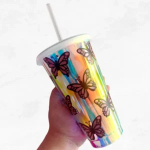 Pink Butterfly Cup with Lid and Straw