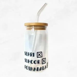 Sehri Suhoor Fothabala Glass Cup with Bamboo Lid and Straw